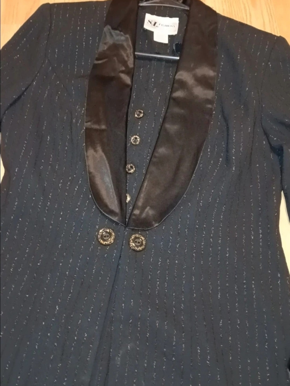SLF Collection Black Satin-Trim Pinstripe Blazer Vintage